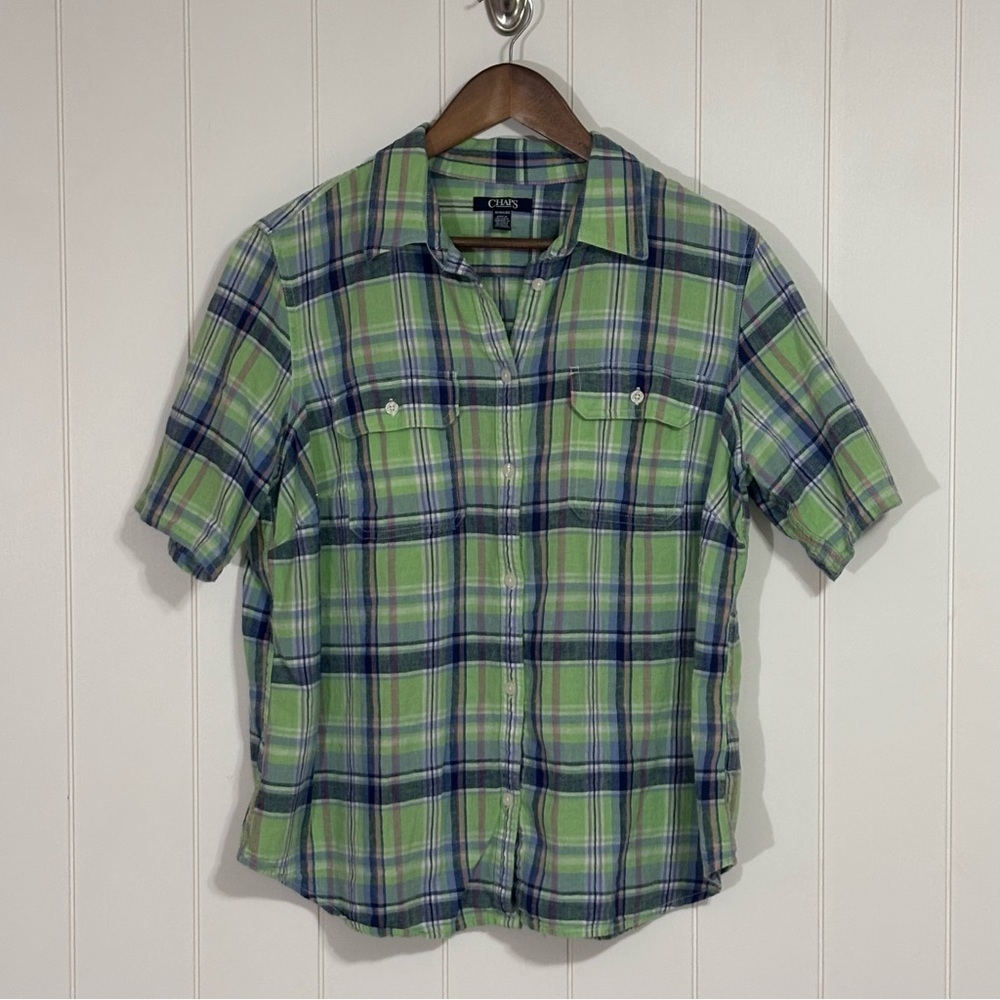 CHAPS Plaid Casual Short Sleeve Button Up Top size 1X
